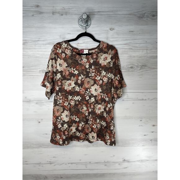 JM Collection Shirt Womens 2X Brown Floral Crinkle Textured Short Sleeve Top - Picture 1 of 8
